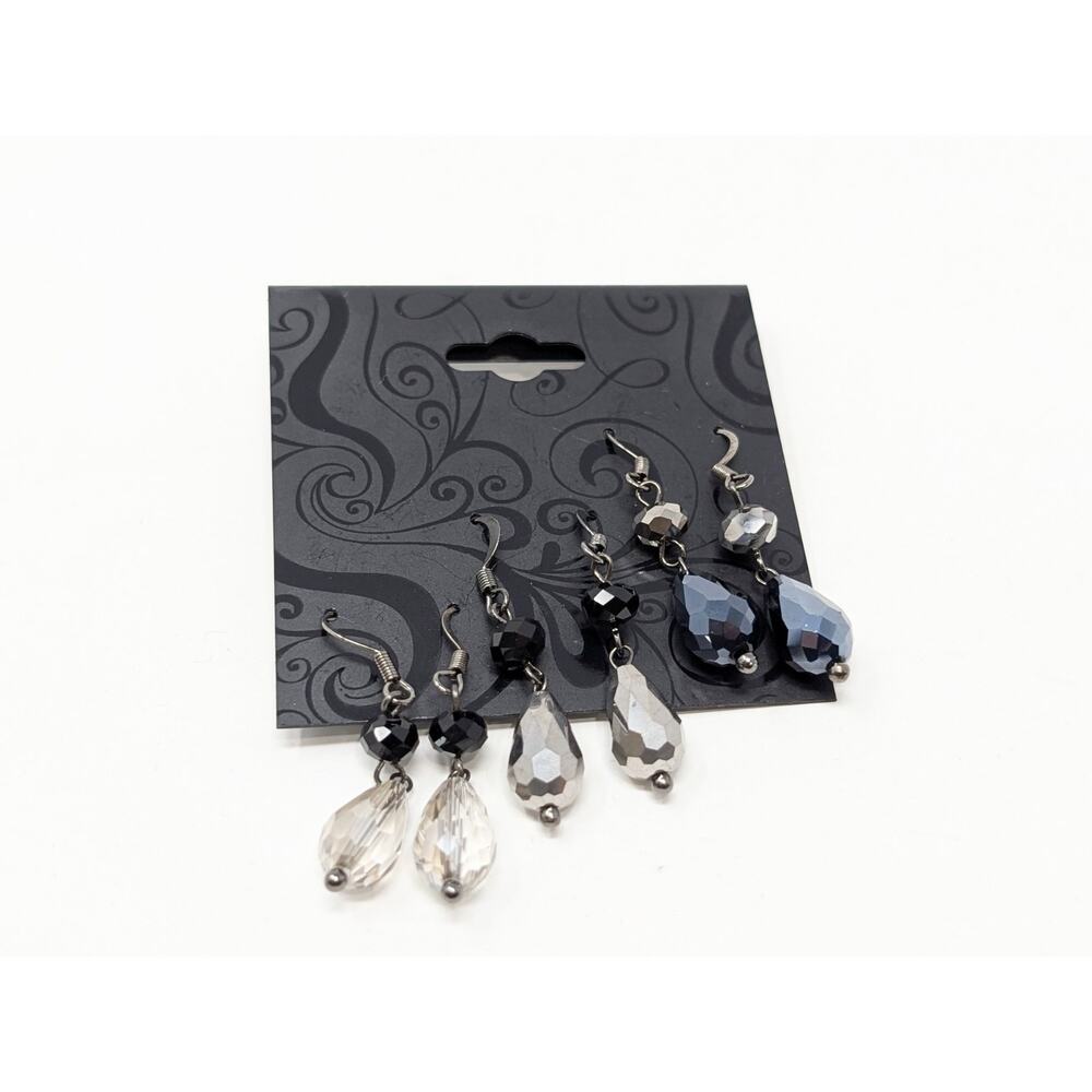 GNW Set of 3 Earrings Dangle Drop Black Gray Clear Beaded Boho New